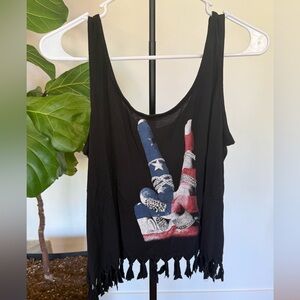Women’s Black Fringe Tank with American Flag Peace Graphic with rhinestones